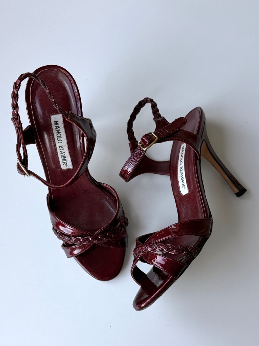 Vintage Manolo Blahnik Burgundy Patent Leather Braided Sandals, IT 37, US 6.5–7